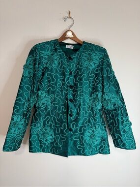 Thai Silk Embroidered Teal/green Floral Jacket in size 16